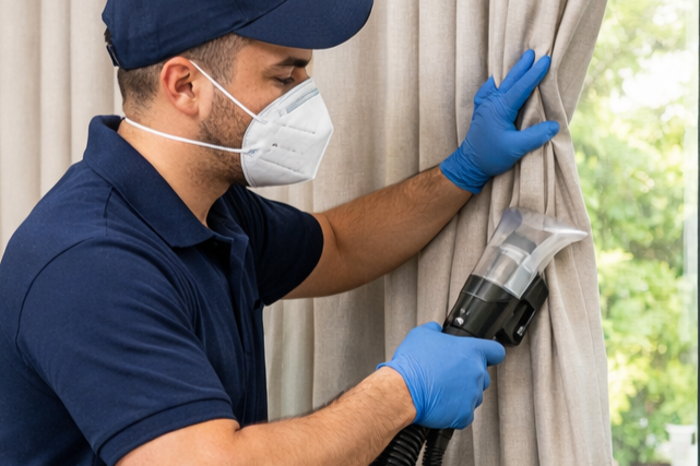 Técnico a higienizar um cortinado